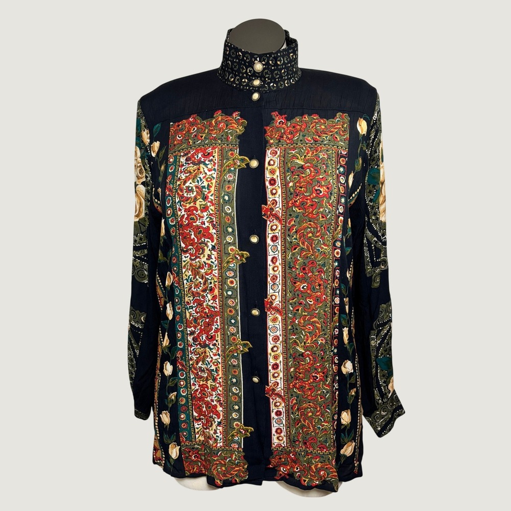 Carole Little Women Shirt 4 Black Floral Paisley Mock Neck Vtg Boho Art to Wear